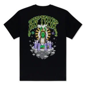 The Devil Alien Tee - Dusty Forest features a vivid alien with outstretched arms, surrounded by robed figures and cosmic elements, accented by bold green RIPNDIP lettering across the top. Gate21.ee