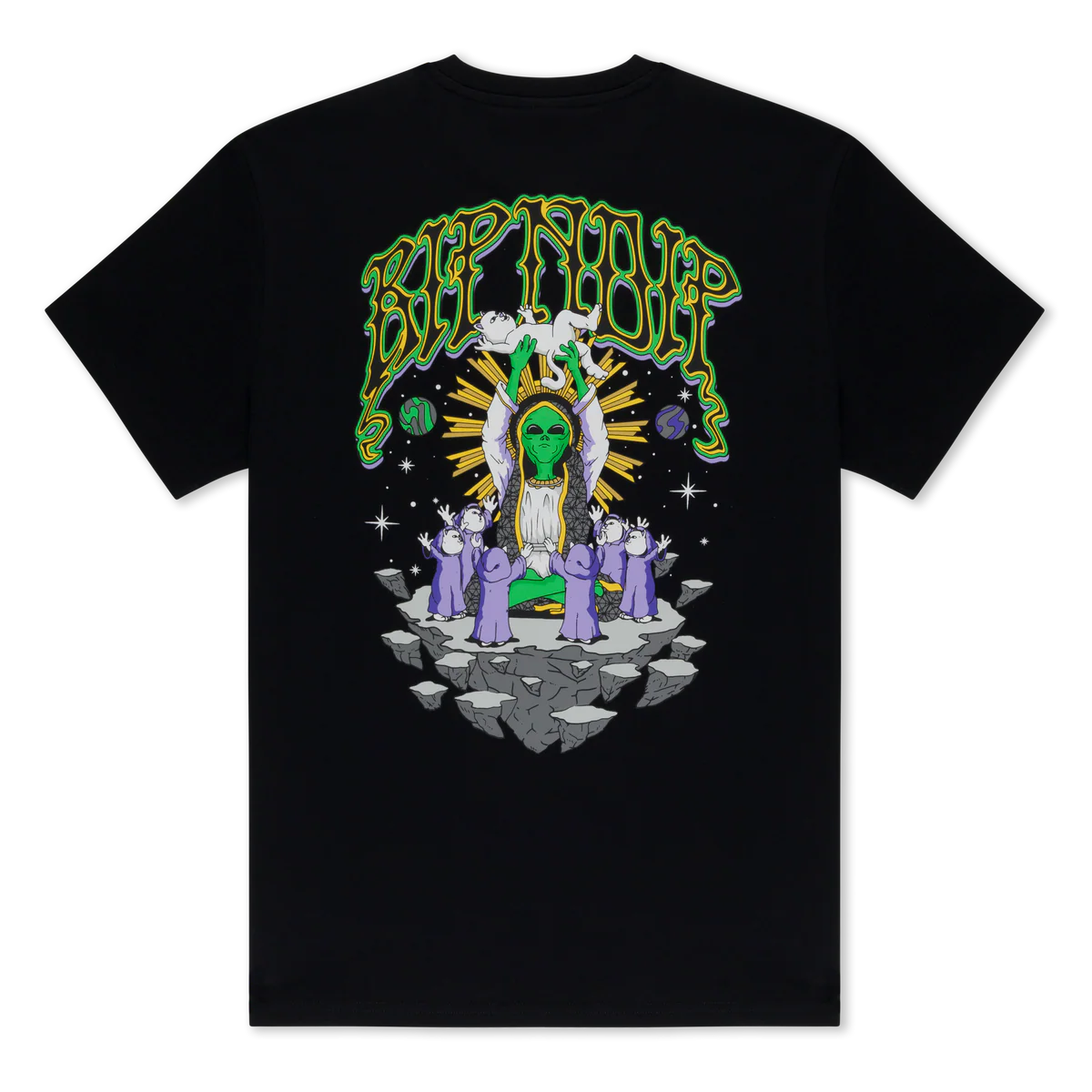 The Devil Alien Tee - Dusty Forest features a vivid alien with outstretched arms, surrounded by robed figures and cosmic elements, accented by bold green RIPNDIP lettering across the top. Gate21.ee