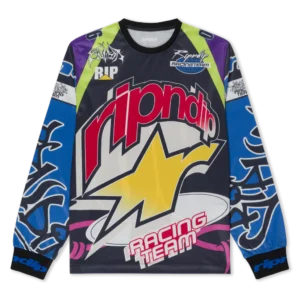 The Allstar Racing Jersey - Multi-colour is a long-sleeve Ripndip hoodie with bold "ripndip" lettering, a yellow star, RACING TEAM text, and abstract blue, purple, and green patterns. Gate21.ee
