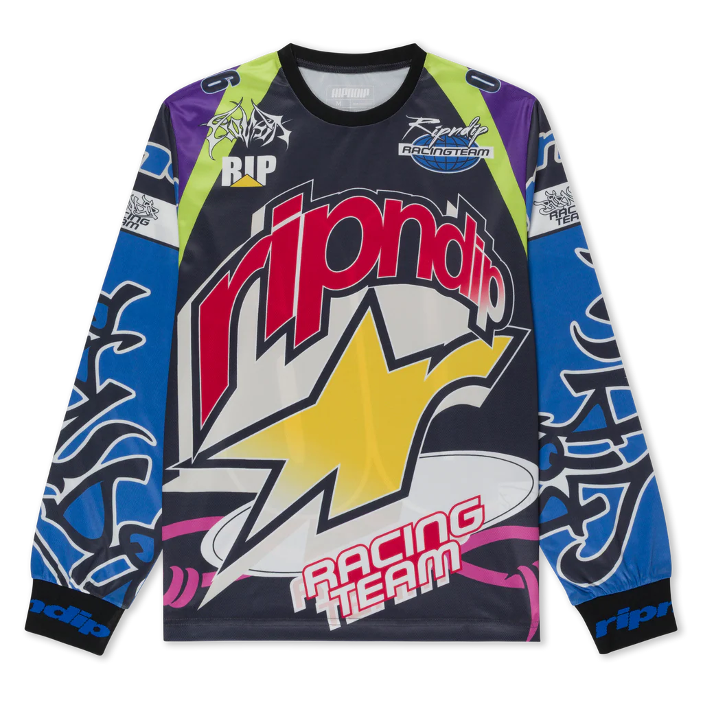 The Allstar Racing Jersey - Multi-colour is a long-sleeve Ripndip hoodie with bold "ripndip" lettering, a yellow star, RACING TEAM text, and abstract blue, purple, and green patterns. Gate21.ee