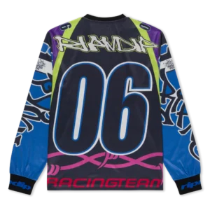 The Allstar Racing Jersey - Multi-colour features a bold 06 on the back, neon green accents, blue and purple graphic patterns, RACINGTEAM at the bottom, and PLASTIC across the shoulders in a Ripndip-inspired long-sleeve style. Gate21.ee