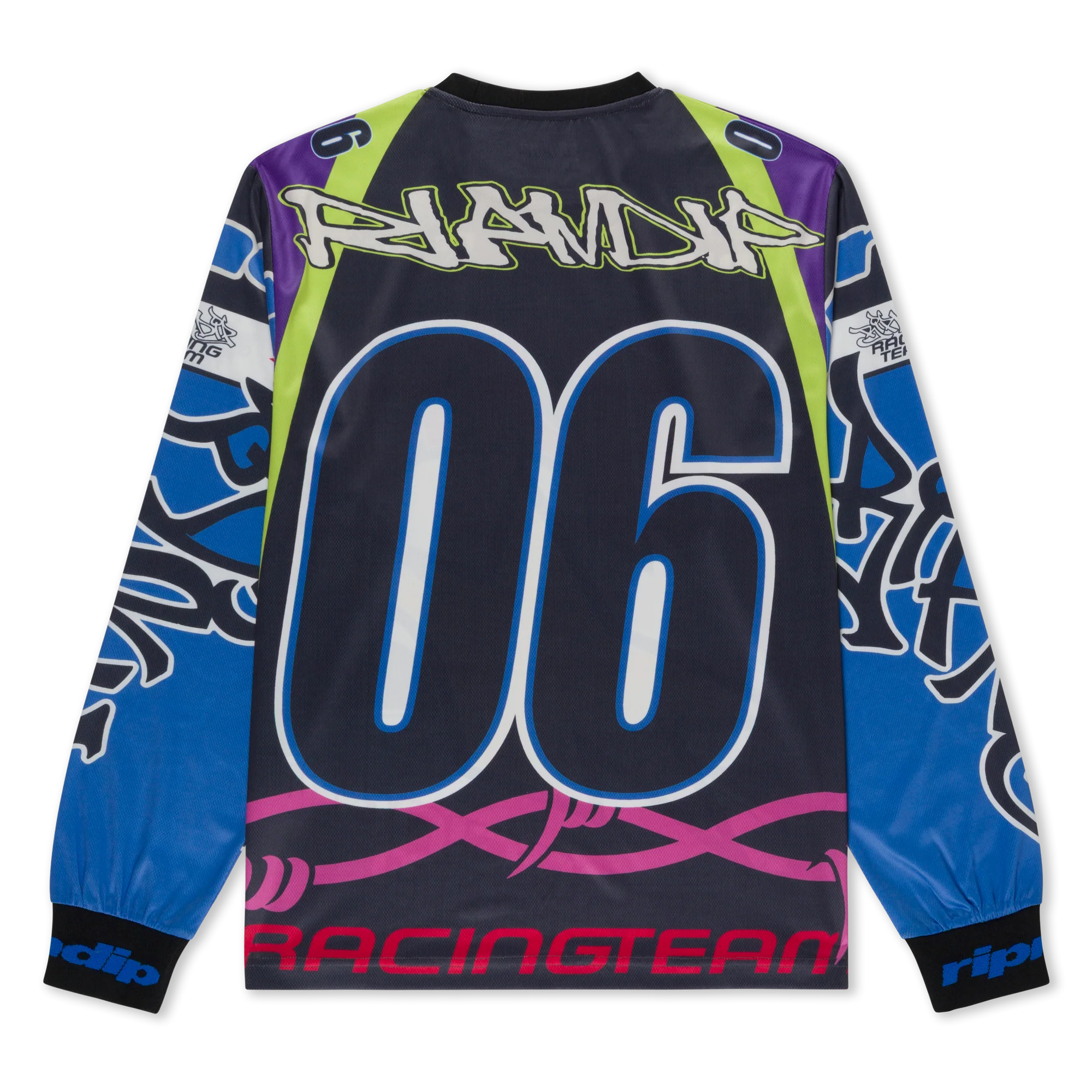The Allstar Racing Jersey - Multi-colour features a bold 06 on the back, neon green accents, blue and purple graphic patterns, RACINGTEAM at the bottom, and PLASTIC across the shoulders in a Ripndip-inspired long-sleeve style. Gate21.ee