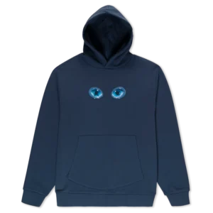 A navy blue hoodie with a front pocket and hood, featuring two blue, cat-like eyes printed on the chest area. Gate21.ee