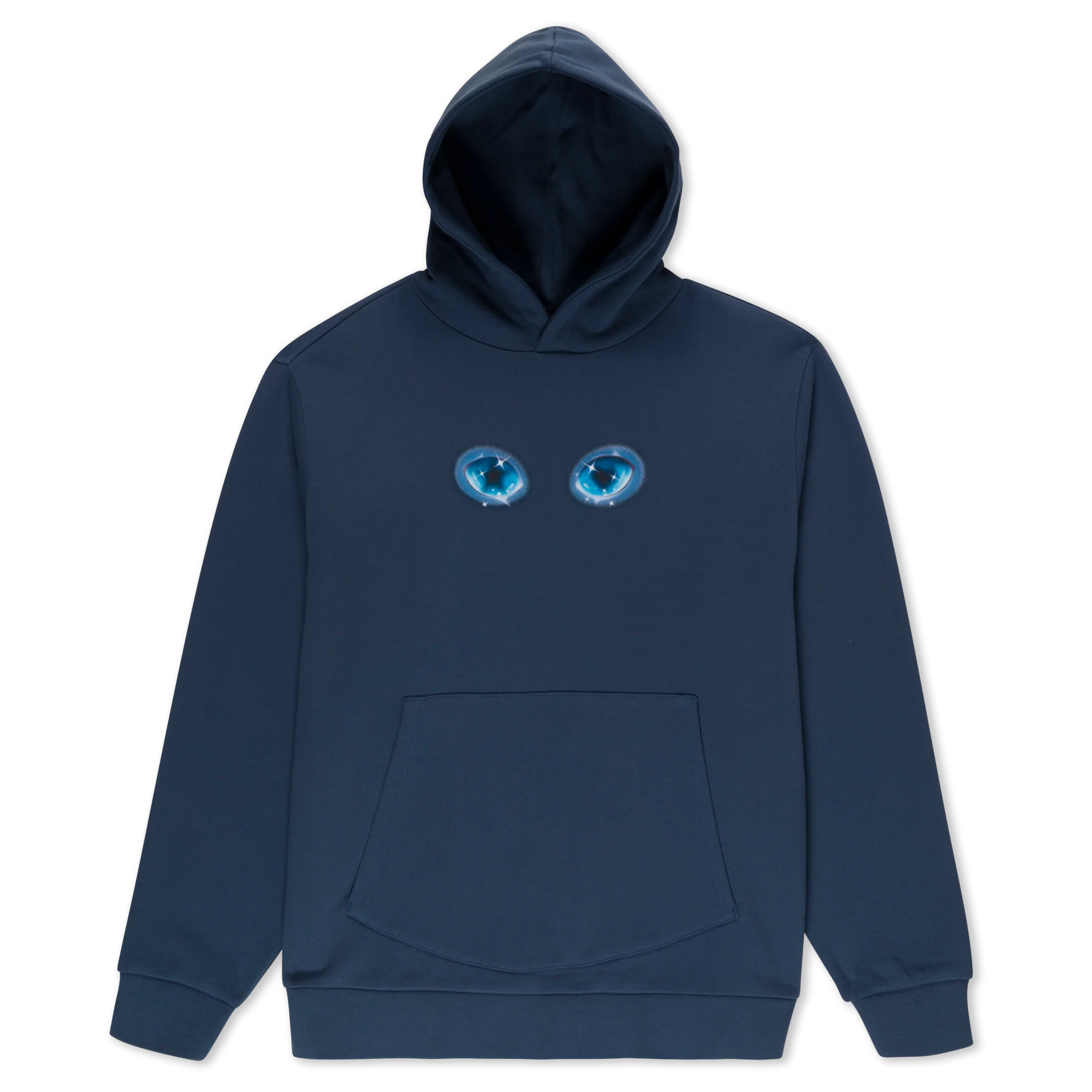 A navy blue hoodie with a front pocket and hood, featuring two blue, cat-like eyes printed on the chest area. Gate21.ee