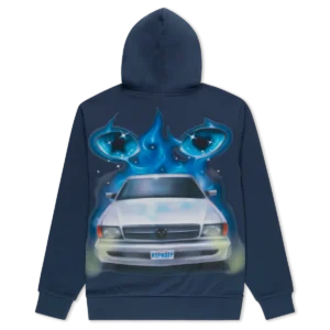 A navy blue hoodie featuring an airbrushed graphic on the back of a white car with a custom RIPNDIP number plate, blue flames, and stylised eyes above the vehicle. Gate21.ee