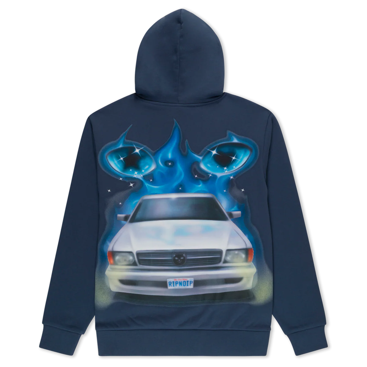 A navy blue hoodie featuring an airbrushed graphic on the back of a white car with a custom RIPNDIP number plate, blue flames, and stylised eyes above the vehicle. Gate21.ee
