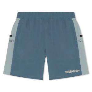 The Nermal Swim Shorts - Slate are teal blue Ripndip swim shorts with light blue side panels, an elasticated waistband, roomy front pockets, side pocket flaps, and a white logo graphic on the left leg. Gate21.ee