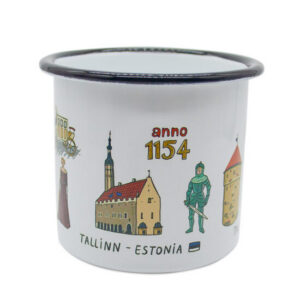 The Pits suveniirid - KÕIK is a white enamel mug with a black rim, decorated in a charming cartoon style with illustrations of Tallinn landmarks, a knight, a queen, the text “anno 1154,” “Tallinn - Estonia,” and an Estonian flag—making it a delightful addition to your suveniirid collection. Gate21.ee