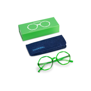 A pair of LOLITA - Lavender Looplabb reading glasses is displayed in front of a green box and a blue fabric case, both labelled looplab, all set against a white background. Gate21.ee