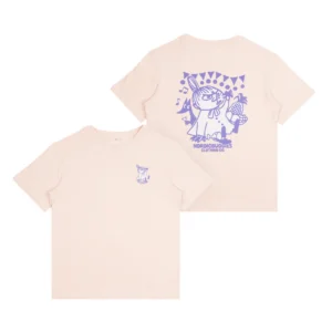 Two pale pink Moomin Ts – Troll’s Flower (Copy) T-shirts are shown. The front has a small purple cartoon graphic left chest; the back displays a large purple character holding a fruit with playful shapes and NORDICBUDDIES CLOTHING OY text. Gate21.ee