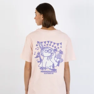 A person with short brown hair, seen from behind, wears a light pink "Moomin Ts - Little My’s Party" T-shirt featuring a large purple graphic and the text NORDICBUDDIES CLOTHING CO. on the back. Gate21.ee