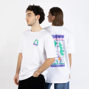 Two people model the Moomin Ts - Little My’s Party T-shirts; one faces forward with hands in pockets, whilst the other displays the bold back design. Both pose against a plain white background. Gate21.ee