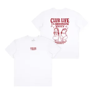 Black Moomin Heavy T-shirt featuring Sniff's Business. The front displays CLUB LIFE IN MOOMIN VALLEY, whilst the back showcases bold text, two cartoon characters, and playful musical notes. Gate21.ee