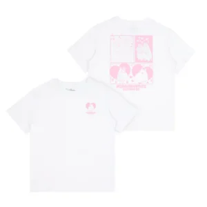 White short-sleeve Moomin Heavy Ts - Sniff - White (Copy) T-shirt shown front and back. A small pink heart is on the front, with a large pink cartoon print and “Nordicbuddies Clothing Co.” text featuring animal characters on the back. Gate21.ee