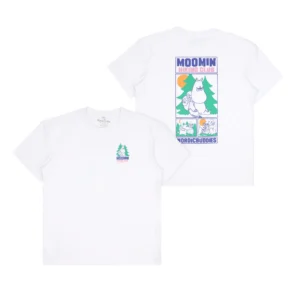 This white short-sleeve Moomin T-shirt – Little My’s Party features a small Moomin Hiking Club logo on the front left chest and a large, colourful Nordic Buddies graphic on the back in purple, green, and orange. Gate21.ee