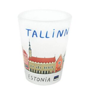 A frosted shot glass from the Pits suveniirid - KÕIK collection features colourful buildings, the word TALLINN in blue, and ESTONIA with a small Estonian flag at the bottom—making it a charming addition to your souvenir collection. Gate21.ee