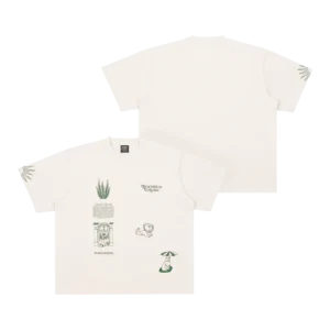 Front and back view of the Moomin Heavy Ts - Lavender, a white short-sleeve T-shirt with green plant, cartoon face, and text graphics on the front and sleeves. The back is plain with no designs. Gate21.ee