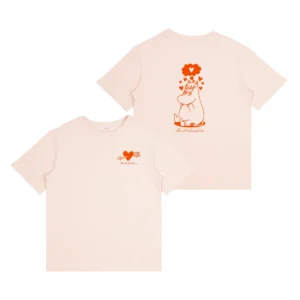 Front and back view of Moomin Ts - Hiking Club (Copy) in light pink. The front has a small orange heart and text on the left chest; the back displays a Moomin character among orange hearts, with matching text beneath. Gate21.ee
