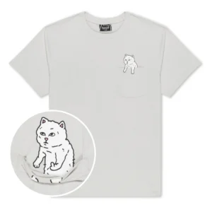 The Heaven and Hell Tee - Bone features a white tee with a small left chest pocket, showcasing RipnDip’s iconic cat Nermal in a black and white line drawing, playfully peeking out—ideal for fans of the RIPnDIP vibe. Gate21.ee