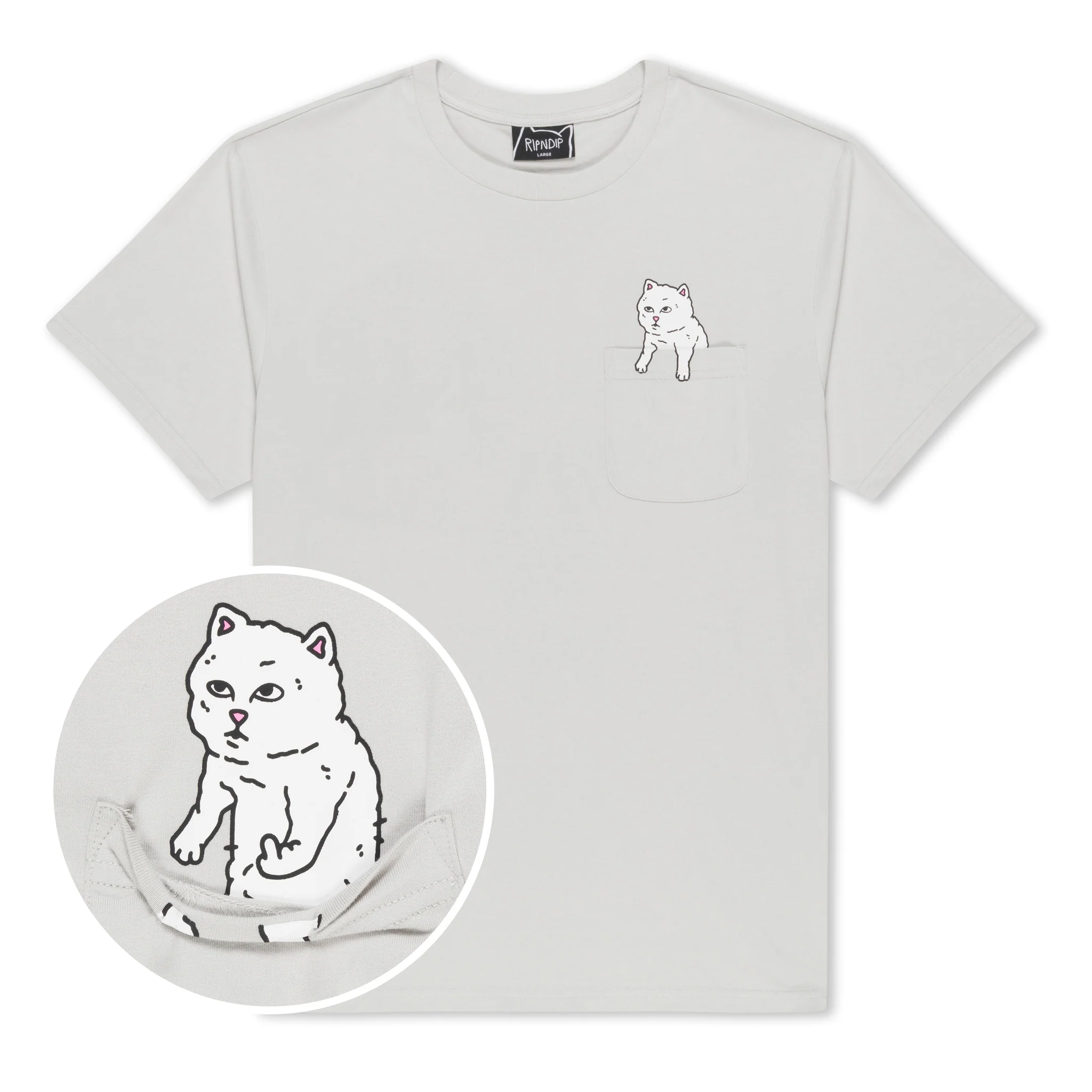 The Heaven and Hell Tee - Bone features a white tee with a small left chest pocket, showcasing RipnDip’s iconic cat Nermal in a black and white line drawing, playfully peeking out—ideal for fans of the RIPnDIP vibe. Gate21.ee