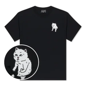 Grey For Sale Pocket Tee featuring a chest pocket with a small white cat graphic and a circular inset showing a close-up of the cat gesturing with its paw. Gate21.ee