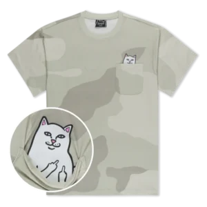 The Nermal Pocket Bone Graffiti Tee - Camo features a beige and grey camo print with a chest pocket. A cartoon cat peeks out, and inside the pocket, the cat reveals both middle fingers in classic RIPnDIP style. Gate21.ee