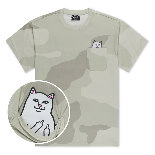 The Nermal Pocket Bone Graffiti Tee - Camo features a beige and grey camo print with a chest pocket. A cartoon cat peeks out, and inside the pocket, the cat reveals both middle fingers in classic RIPnDIP style. Gate21.ee