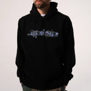 A person wears the Big Poe Hoodie - Black by Ripndip, featuring a blue, grey, and white graffiti logo across the chest. Their hands are in the front pocket against a plain, light-coloured background. Gate21.ee