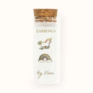 A clear glass phial with a cork stopper contains two enamel Coffee earrings. The phial is labelled "Coffee earrings by Vivi (Copy)" in gold lettering. Gate21.ee