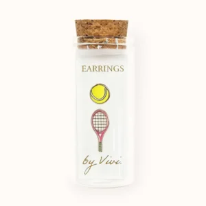 A clear glass bottle with a cork stopper contains two pretzel earrings. The text reads "Pretzel earrings by Vivi. Gate21.ee