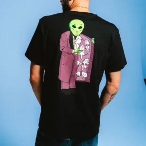 A For Sale Pocket Tee - Grey featuring a back graphic of a green alien in a purple suit jacket opening it to reveal white cats printed on the inner lining. Gate21.ee