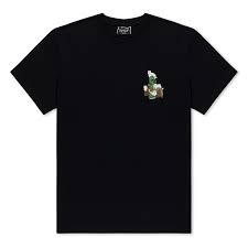 The Sanctum Tee - Black (Copy) is a plain black RIPnDIP T-shirt with a small cartoon character in a green hat sitting on a box, printed on the left chest. Gate21.ee