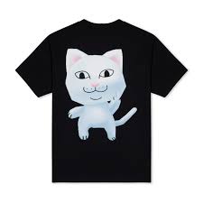 The Big Poe Tee - Black features a large cartoon-style white cat with blue shading, a smiling face, and a raised paw printed on the back. Gate21.ee