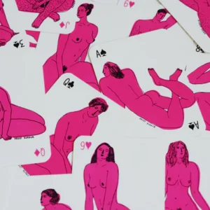 Scattered Krõõt Kukkur Playing Cards - Nudes show stylised pink illustrations of nude women in various poses, with each card displaying a different suit, number, and unique figure. Gate21.ee