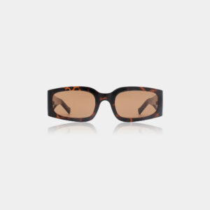 Cream bone ALEX sunglasses from A. Kjærbede, featuring a rectangular frame in a cream bone tortoiseshell pattern and brown lenses, displayed facing forwards on a white background with a subtle reflection beneath. Gate21.ee