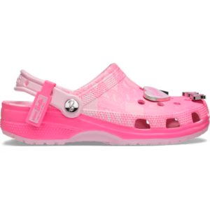 The Crocs Barbie® Classic Clog features a pink and light pink gradient colour design, ventilation holes, a back strap, and decorative charms on the upper. The shoe is finished with a textured sole. Gate21.ee