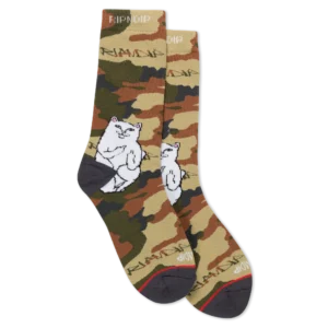 Lord Mushy Socks - Grey, a pair of crew socks featuring a camouflage pattern and a graphic of a white cartoon cat gesturing with its middle fingers. Gate21.ee