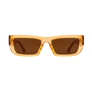 Rectangular FAME - Black (Copy) sunglasses with translucent amber frames and brown-tinted lenses, shown from the front against a white background. The arms are straight and crafted from matching amber material. Gate21.ee