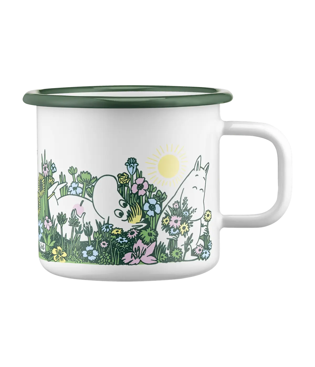 Pink enamel mug featuring Little My from the Moomin series, adorned with an illustration of Moomin characters relaxing among flowers and grass under a yellow sun. Capacity: 370ml. Gate21.ee