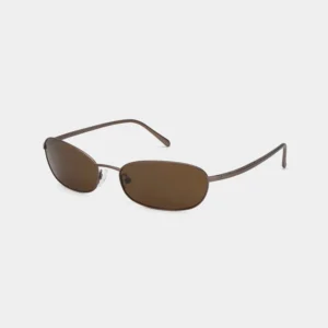 Silver oval A. Kjærbede Jack sunglasses with thin metal frames and dark brown lenses, displayed on a white background at a slight angle. Gate21.ee