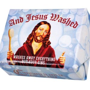 A bar of soap wrapped in paper featuring an illustration of Freddie Mercury, with playful design elements and witty text, and blue bubbles printed in the background. This quirky creation comes from the Unemployed Philosophers Guild, known for their witty and original gifts. Gate21.ee