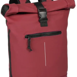 A yellow New York Rolltop Rucksack featuring a roll-top design with black straps and trim, a front zip-fastened pocket, and a small vertical reflective stripe beneath the pocket, set against a white background. Gate21.ee