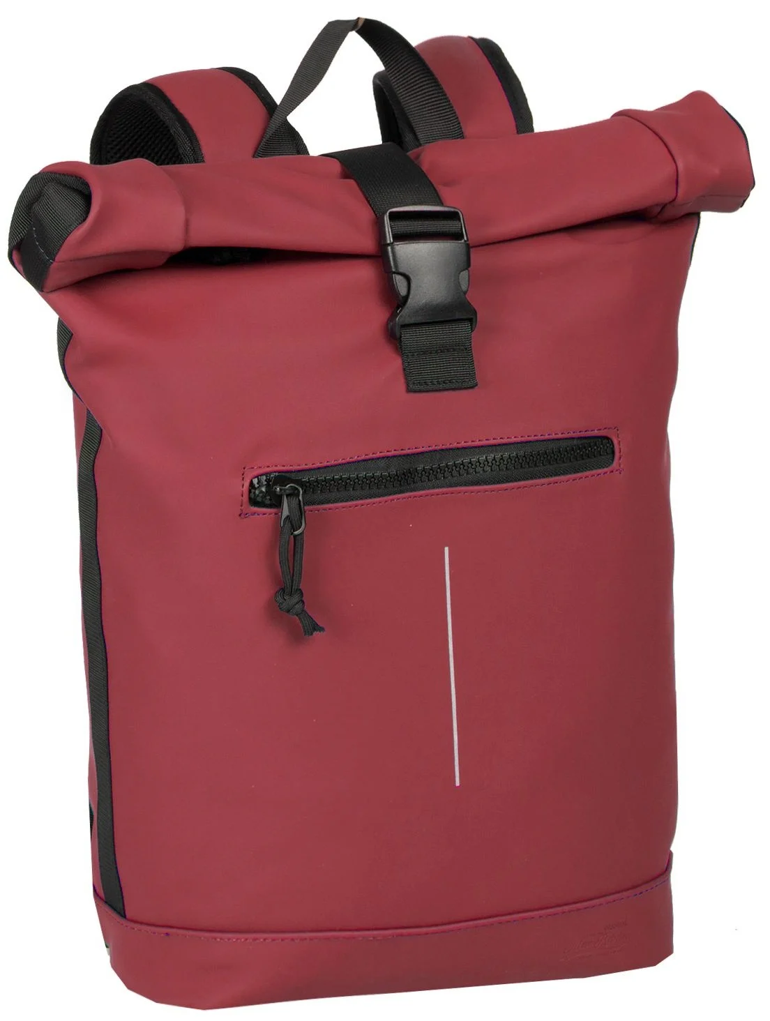 A yellow New York Rolltop Rucksack featuring a roll-top design with black straps and trim, a front zip-fastened pocket, and a small vertical reflective stripe beneath the pocket, set against a white background. Gate21.ee