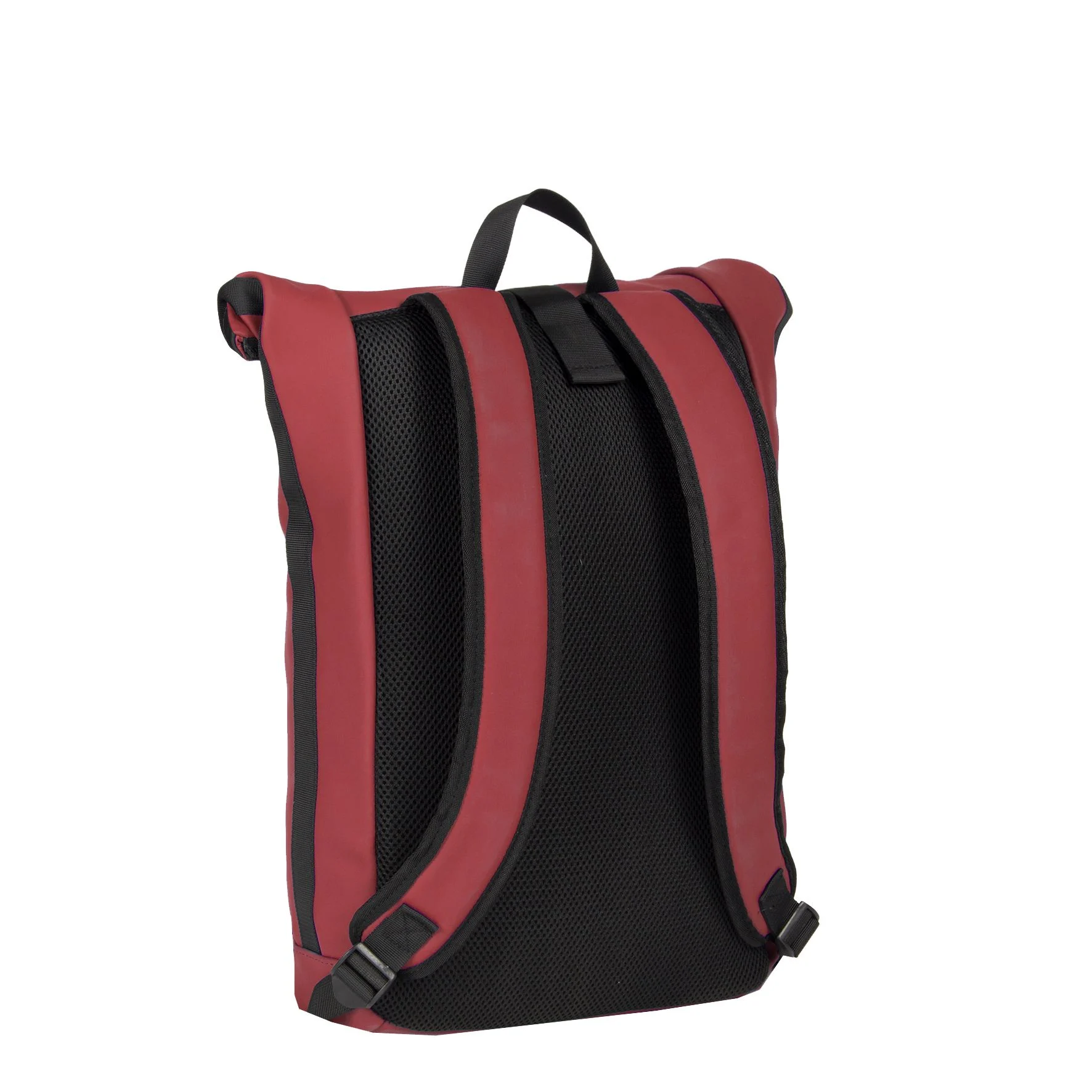 A yellow New York Rolltop Rucksack is shown from the back, featuring two padded shoulder straps, a black mesh back panel, a top carrying handle, and adjustment buckles at the bottom of the straps. Gate21.ee