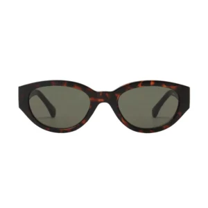 A pair of Winnie - Glaucus Grey sunglasses from A. Kjærbede, featuring oval frames and dark lenses, is shown against a white background. Gate21.ee