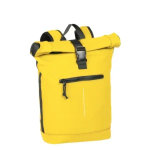 A New York Rolltop Rucksack - Leopard (Copy) in yellow stands upright against a white background, showcasing its roll-top design with black straps, a front zipped pocket, and a black buckle fastening. Gate21.ee