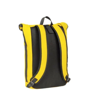 A New York Rolltop Rucksack - Leopard (Copy) in yellow and black is displayed from the back, highlighting its padded shoulder straps, mesh back panel, and a small carrying handle at the top against a white background. Gate21.ee