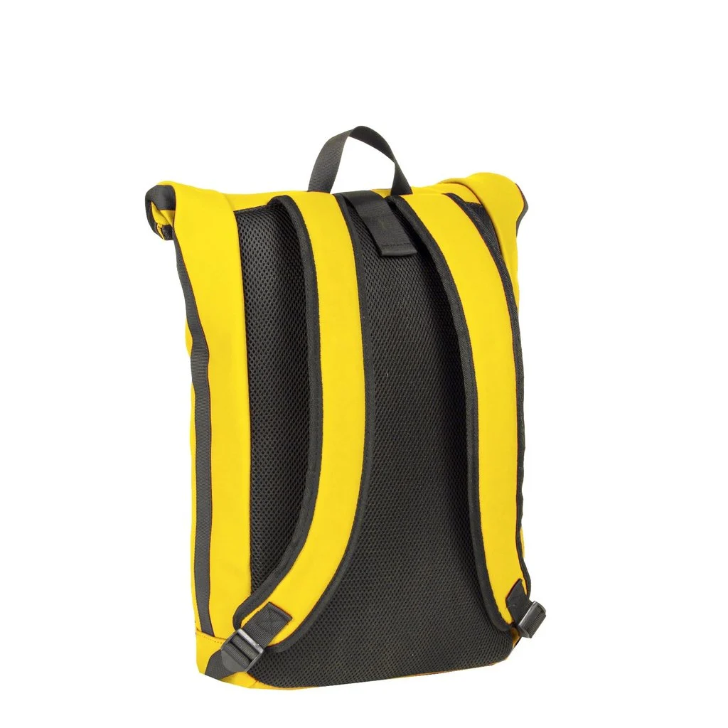 A New York Rolltop Rucksack - Leopard (Copy) in yellow and black is displayed from the back, highlighting its padded shoulder straps, mesh back panel, and a small carrying handle at the top against a white background. Gate21.ee