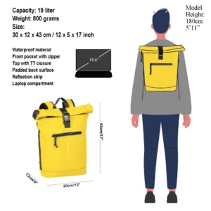 The New York Rolltop Rucksack - Yellow is highlighted in a vibrant yellow shade, measuring 30 x 12 x 43 cm with a generous 19-litre capacity and an ultra-lightweight design at only 800g. This rucksack offers practical features such as waterproof material, secure zips, a padded back for comfort, a side pocket, reflective strip for safety, and a dedicated laptop compartment. Gate21.ee
