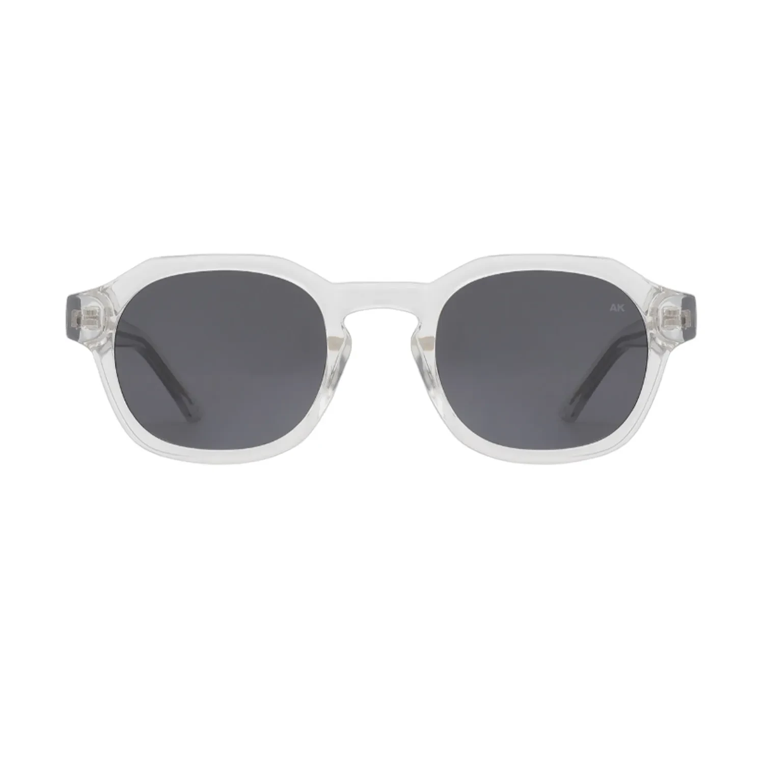 A pair of Zan - Blue Steel (Copy) sunglasses by A. Kjærbede, featuring transparent square-shaped frames and dark lenses, displayed on a white background. Gate21.ee